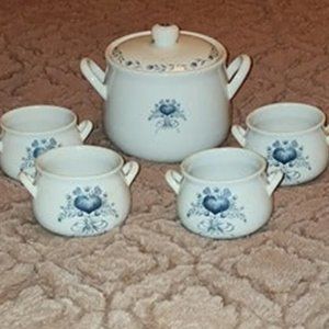 Set of 5 Jay Imports Stoneware Pottery soup Crock Canister w/ Handles Blue Heart